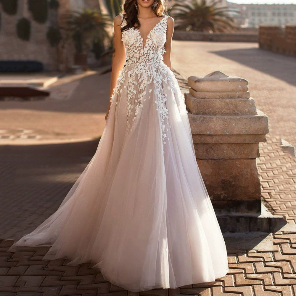 ZARA Summer Sexy Lace Sleeveless Deep V Neck Embroidered Long Wedding Dress